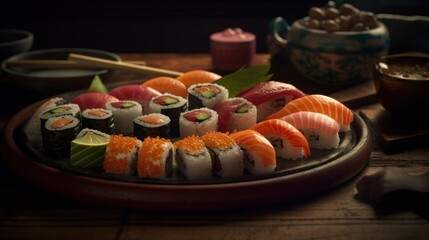 Japanese Sushi Rolls, Sushi, Delicious Juicy Sushi Isolated on Dark Background, Ai Generated Art.