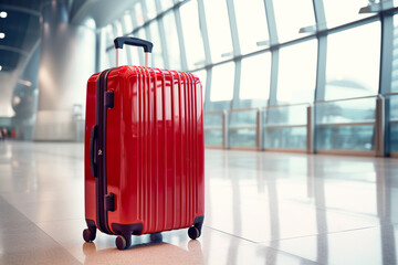 A red suitcase sitting in an airport terminal. Generative AI.