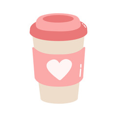 Lovely pink plastic or paper cute sweet coffee cup with hot coffee with heart in flat style isolated on white background