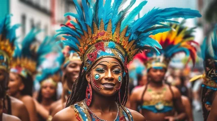 Poster Samba fastival, carnival procession. A woman wearing a colorful headdress in a parade. Generative AI. © tilialucida