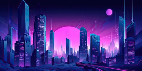 AI Generated. AI Generative. Retro vintage synthwave vaporwave city urban town cityscape. Pink purple future colors. Graphic Art