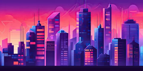 Foto auf Acrylglas Violett AI Generated. AI Generative. Retro vintage synthwave vaporwave city urban town cityscape. Pink purple future colors. Graphic Art