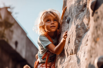 Child on a rock climbing wall. Generative AI