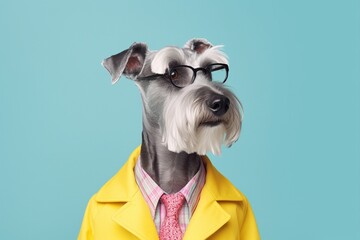 A cute grey schnauzer dog wearing a yellow jacket, pink shirt and tie and reading glasses. Surreal concept for pet shop banner or fashion advertisement. Illustration. Generative AI