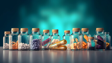 different bills and bottles for pharmaceutical and healthcare medication and drug research labs concepts with copy space area