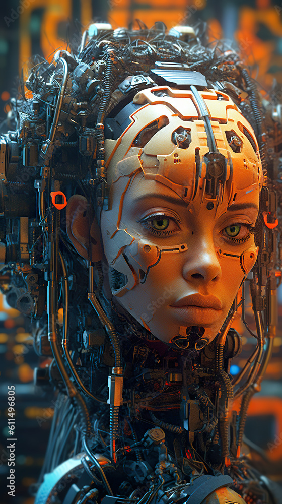Poster a close up of a person with a robot head. generative ai.