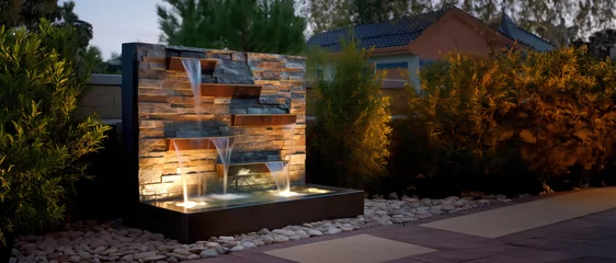 Rolgordijnen outdoor home modern water feature fountain waterfall as wide banner with copy space area for garden landscape design concepts - Generative AI © sizsus