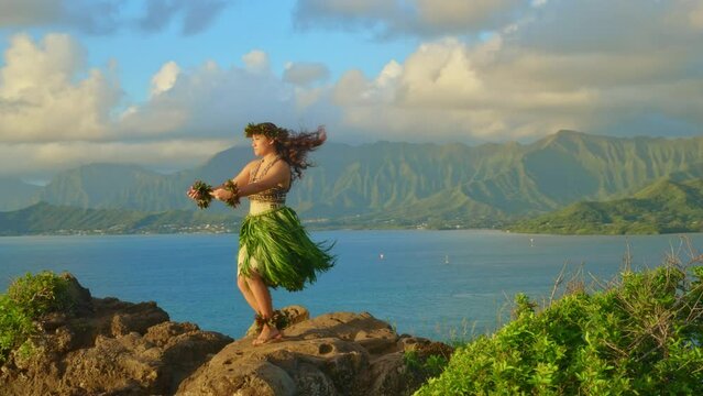 Beautiful Hula Dancer On Island Peak In Hawaii