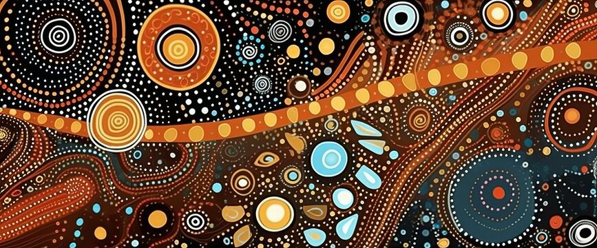 Abstract Theme Of Australian Aboriginal Art. Represent Style And Dot Painting Techniques