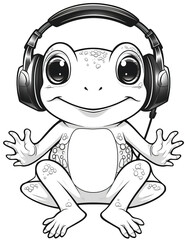 A cartoon frog with headphones and music notes. Generative AI. Coloring book for kids.
