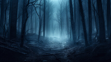 Fototapeta premium Spooky forest with trees covered in fog at night with blue color cast. AI generated.