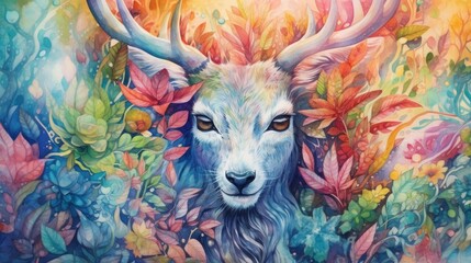 Watercolor painting, magic weaves through the foliage, transforming ordinary animals into fantastical beings with vibrant hues. Generative AI