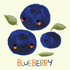 vector illustration isolated blueberry character and hand lettering for kids cards, design and more