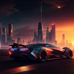 Fototapeta na wymiar futuristic concept car with city and sunset background created with using Generative AI Technology
