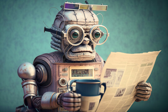 Studio Photo Portrait Of A Very Old Robot Wearing Glasses And Reading Newspaper, Created With Generative AI Technology