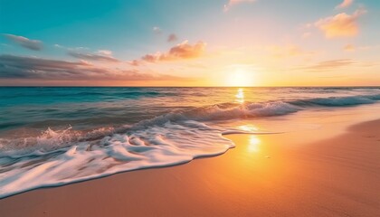 Fototapeta na wymiar Closeup sea sand beach. Panoramic beach landscape. Inspire tropical beach seascape horizon. Orange and golden sunset sky calmness tranquil relaxing sunlight summer mood