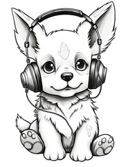 A drawing of a dog wearing headphones. Generative AI. Coloring book for kids.