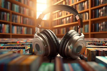 Obraz na płótnie Canvas Captivating audio narratives, Headphones amidst stacks of books at the library Generative AI