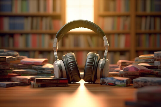 Captivating audio narratives, Headphones amidst stacks of books at the library Generative AI