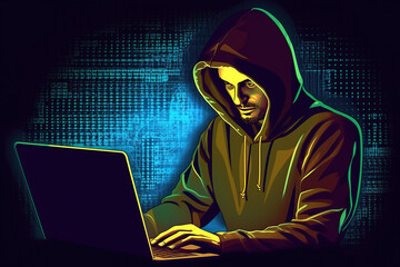 Hacker in hoodie breaking into data server dark theme. Ai generative.