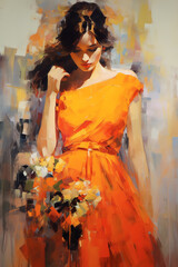 Beautiful Lady in an Orange Dress - Fashion
