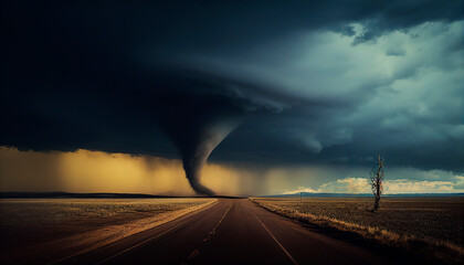 Huge destructive tornado. Panoramic view. Ai generative