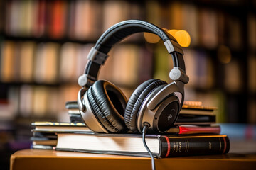 Obraz na płótnie Canvas Harmonizing reading and listening, Headphones alongside book stacks, audio book concept Generative AI