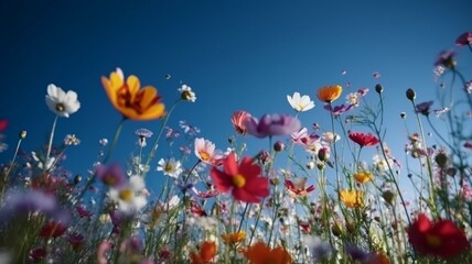 Fototapeta na wymiar Landscape of colorful flowers against blue sky, horizontal picture, low angle. Spring summer nature wallpaper. Illustration. Generative AI