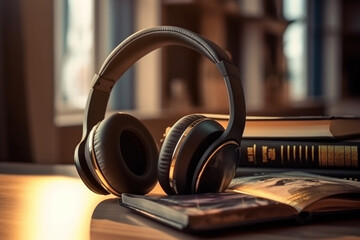 Obraz na płótnie Canvas Immersive audio book experience, Books and headphones on wooden table Generative AI