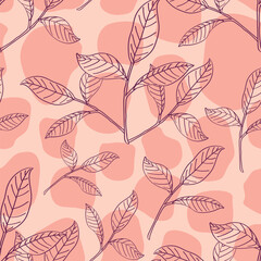 Fototapeta premium Beautiful leaves and branches over organic forms seamless pattern