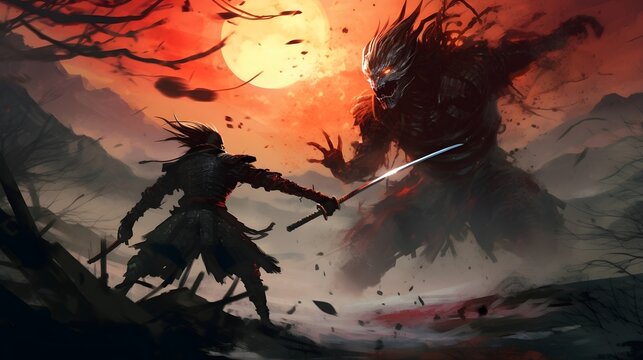 Lone samurai fighting a massive mythical creature, he unleash his sword and face danger
