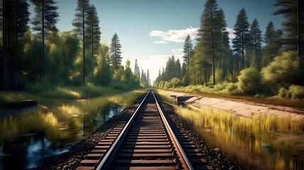 Fototapeta premium Forest trees and river along a railroad on an summer afternoon. Train tracks travel concept.