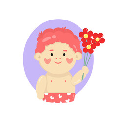 Lovely vector illustration cartoon characters of little cute boy. Avatar, userpic of romantic little baby with flowers in his hand. Love, fun, positive, happiness concept. For postcard, label, sticker