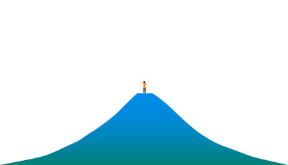 A back view of a man standing on top of a mountain with his arms raised to the sky. goal achievement concept.