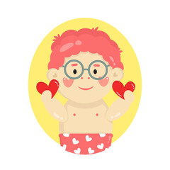 Vector illustration cartoon characters of little boy. avatar of romantic little baby with two hearts in his hand. Self love, self care, positive, happiness concept.
