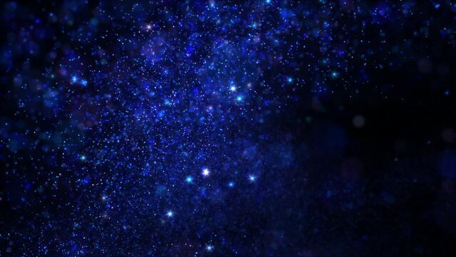 Abstract swarm of blue liquid buoyancy star particles. Elegant festive cosmic lights 3D animation background. Horizontal magic holidays backdrop and twinkling fairy dust slow motion wallpaper VJ loop