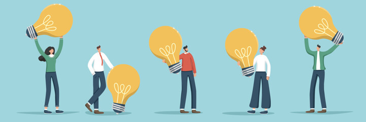 Set of illustrations of random people and they are holding huge light bulbs. Сoncept of searching for ideas for business. Innovation and acquisition of new knowledge, brainstorming to achieve success.