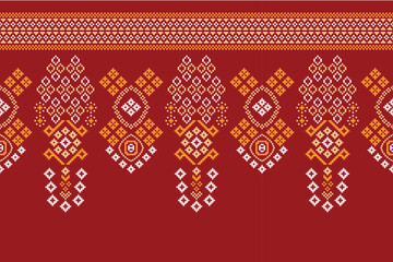 Ethnic geometric fabric pattern Cross Stitch.Ikat embroidery Ethnic oriental Pixel pattern red background. Abstract,vector,illustration. Texture,clothing,scarf,decoration,motifs,silk wallpaper.