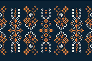 Ethnic geometric fabric pattern Cross Stitch.Ikat embroidery Ethnic oriental Pixel pattern navy blue background. Abstract,vector,illustration. Texture,clothing,scarf,decoration,motifs,silk wallpaper.