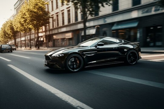 A High-end, Sleek Black Sports Car Cruises Through A Suburban City Street. Generative AI