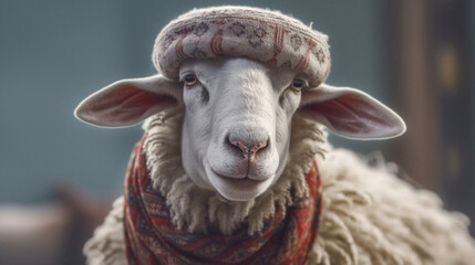 Obraz premium sheep wearing muslim cap eid ul adha Generative AI