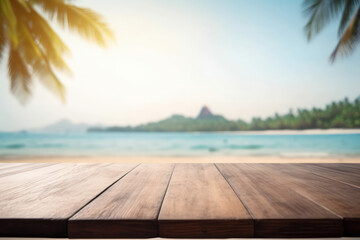 Fototapeta premium Breathtaking ocean landscape viewed from a wooden table on a resort deck. Perfect for vacation and relaxation. Generative AI.