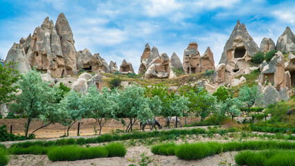 Fairy chimneys in Cappadocia Turkey. Cappadocia landscape. Travel to Turkey. Selective focus...