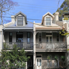 Victorian Filigree style terrace houses facades with dormer windows on Barcom Ave., Darlinghurst. Sydney-Australia-678