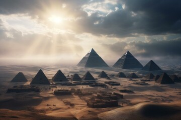 Fototapeta na wymiar Panoramic vista of pyramids. Generative AI