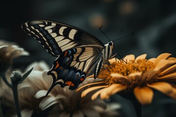Naklejka na ściany i meble A swallowtail butterfly rests on a flower. Generative AI