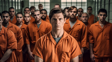 Prisoners in orange shirts at the prison Desperate handcuffed prisoner looking at camera with people behind the scenes Generative AI