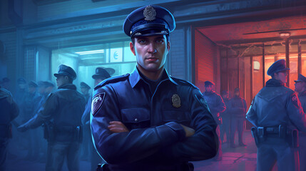 policeman at the police station A confident policeman standing with his arms crossed, looking at the camera with a team in the background. Generative AI