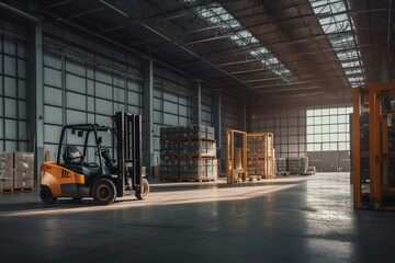 Fototapeta na wymiar Banner showing warehouse interior with forklift, emphasizing logistics and transport. Generative AI