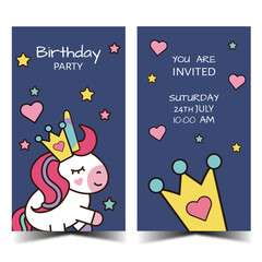 Front and back Unicorn Birthday Invitation in dark blue with crown. Ready to print. Vector Illustration
